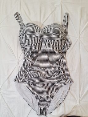 Retro Striped Dark Grey and White One-Piece Swimsuit